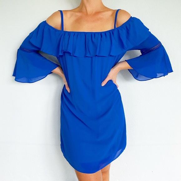 BCX blue ruffle long sleeve cold shoulder dress size large - Picture 1 of 12
